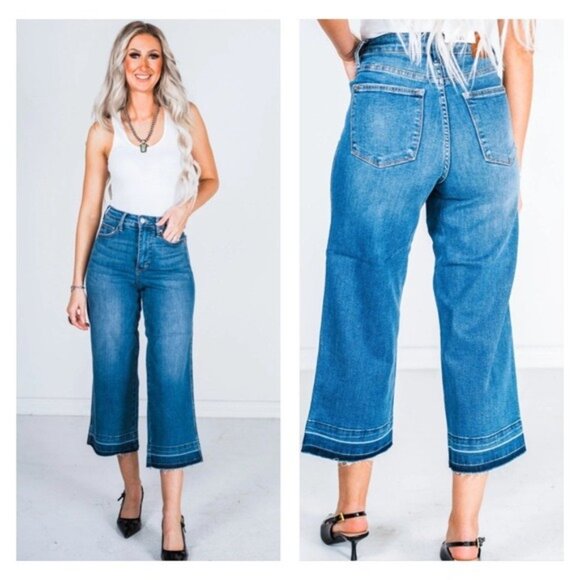Judy Blue Denim - Judy Blue Womens Tummy Control Release Hem Crop Wide Leg Jeans Size 20W Bohemian